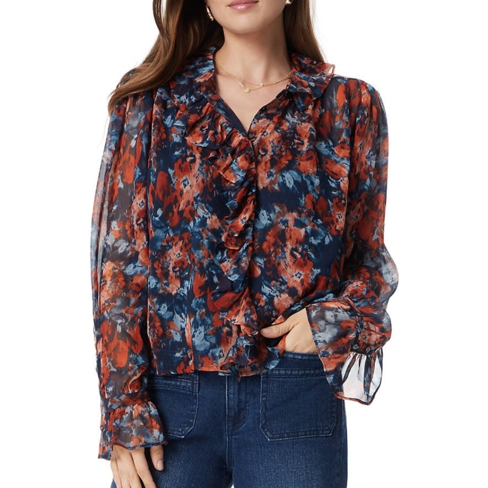 NWT Sam Edelman Jasleen Long Sleeve Ruffle Blouse Navy Orange Floral Size L